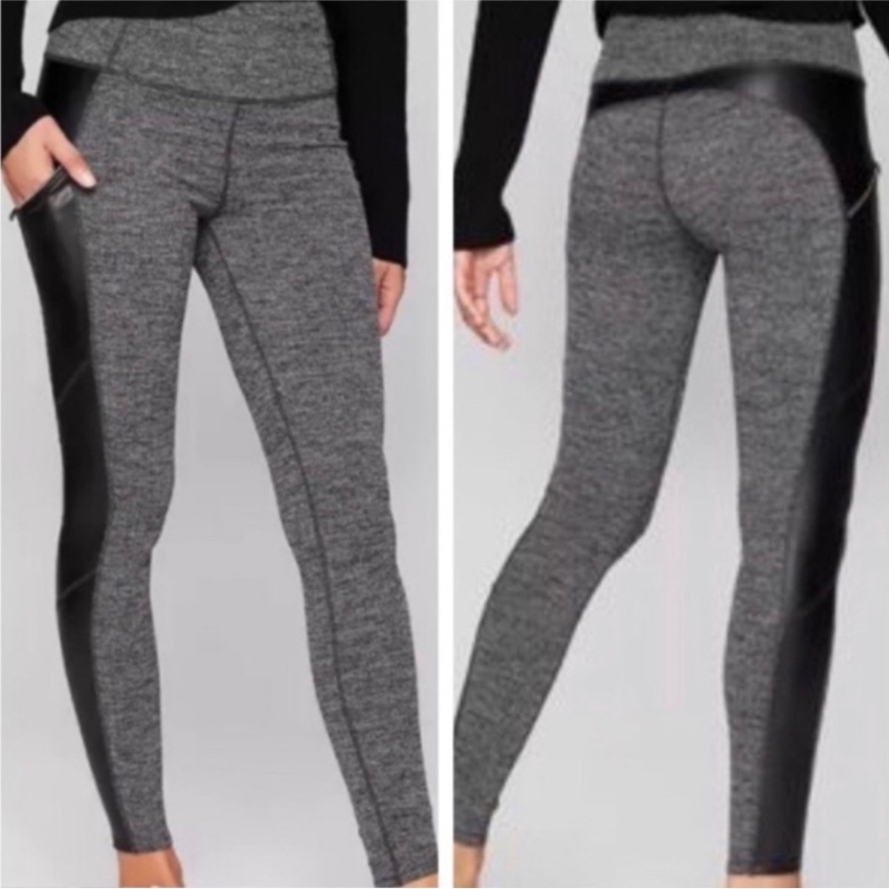 Athleta leggings herringbone gray with faux leather  M yoga hiking